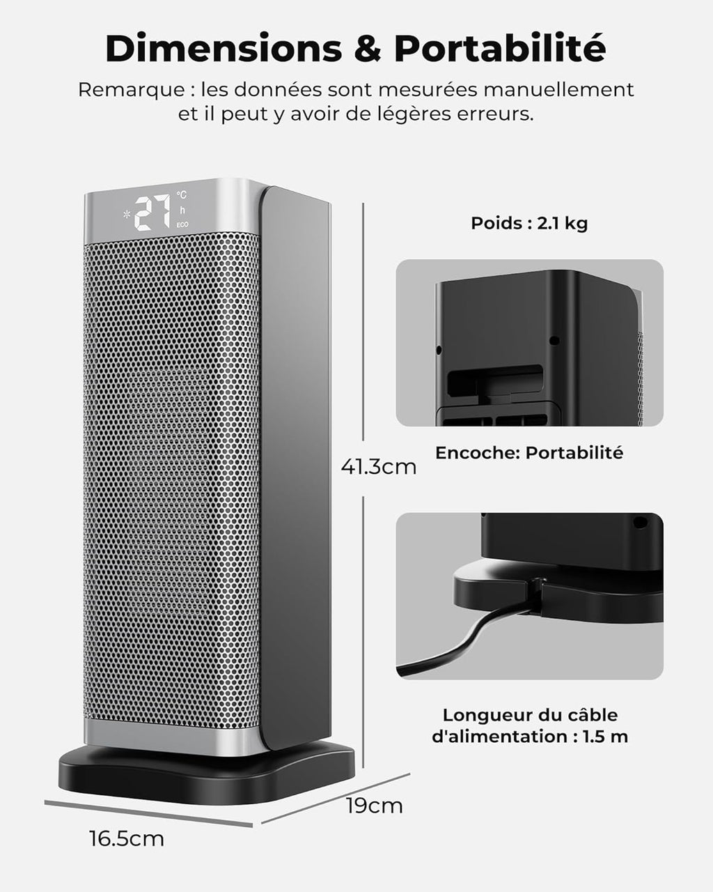 Silver Economy Space Heater - 2000W PTC Ceramic Silent 3 Power Levels, Remote Control, Anti-Fall and Overheating Security, Electric Heating for Bedroom/Living Room/Office