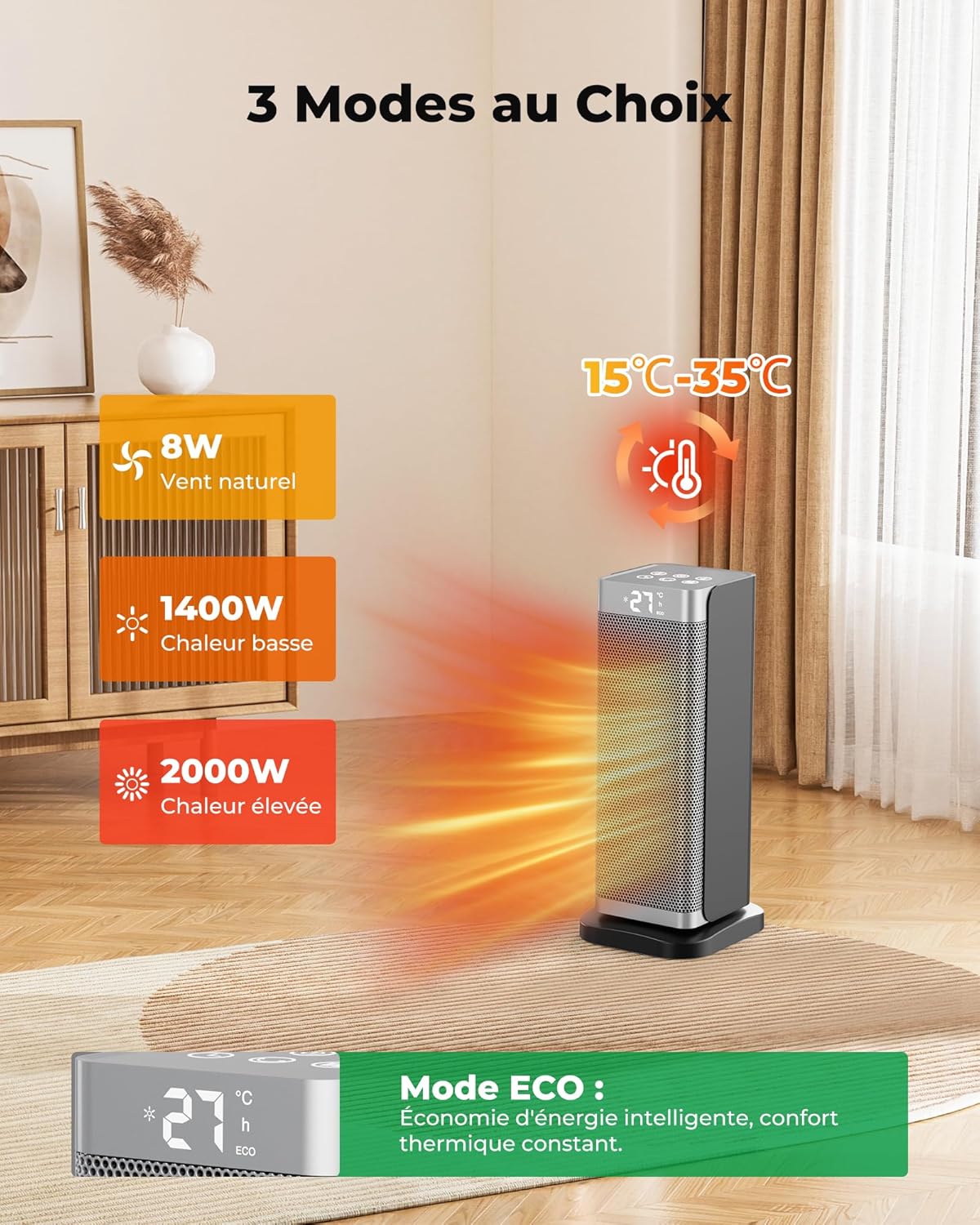 Silver Economy Space Heater - 2000W PTC Ceramic Silent 3 Power Levels, Remote Control, Anti-Fall and Overheating Security, Electric Heating for Bedroom/Living Room/Office