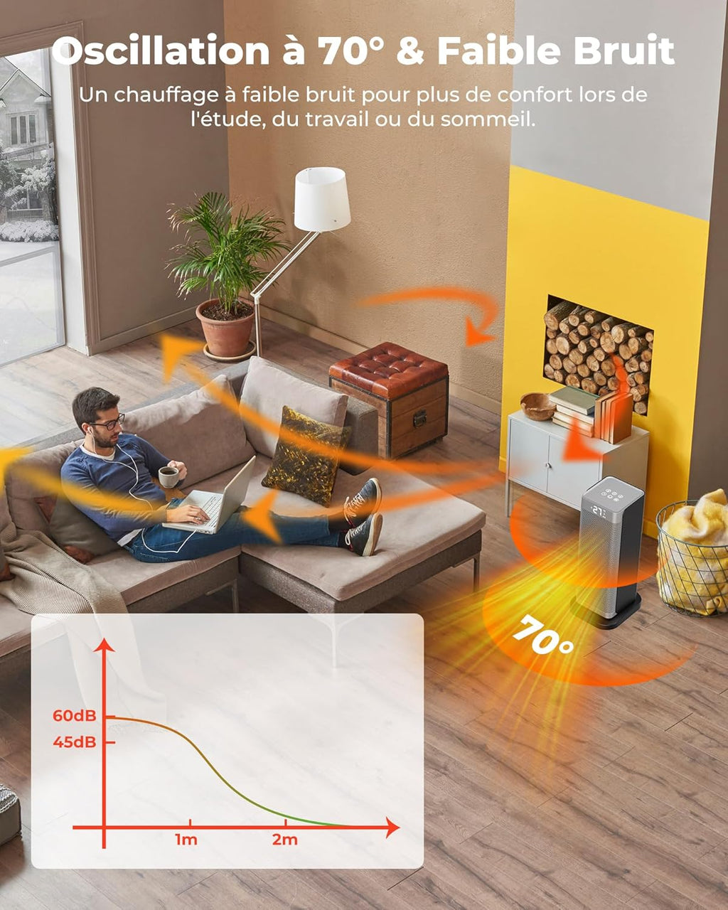 Silver Economy Space Heater - 2000W PTC Ceramic Silent 3 Power Levels, Remote Control, Anti-Fall and Overheating Security, Electric Heating for Bedroom/Living Room/Office