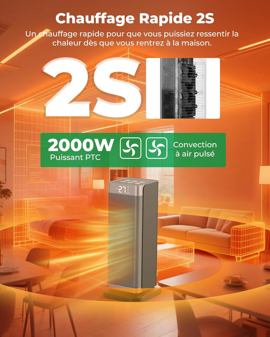 Silver Economy Space Heater - 2000W PTC Ceramic Silent 3 Power Levels, Remote Control, Anti-Fall and Overheating Security, Electric Heating for Bedroom/Living Room/Office